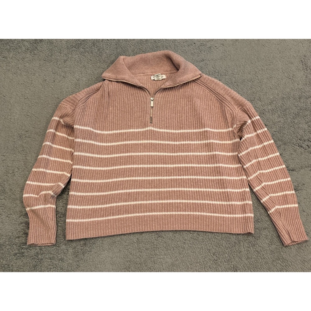 Rachel & Zoe Sweater Womens Medium Pink Stripe 1/4 Zip Pullover Long Sleeve
